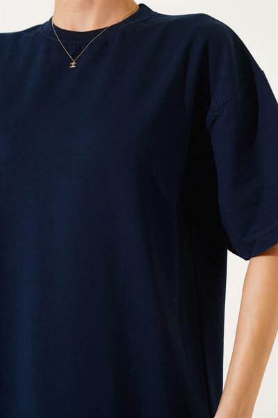 İki İplik Bisiklet Yaka Oversize Tshirt