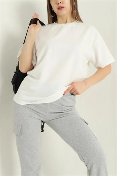 İki İplik Bisiklet Yaka Oversize Tshirt