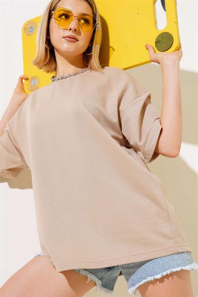 İki İplik Bisiklet Yaka Oversize Tshirt