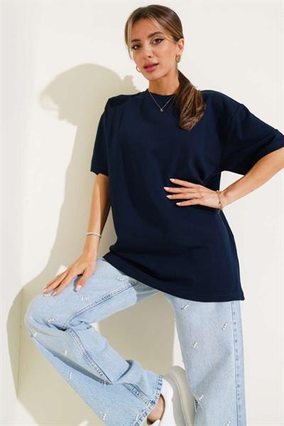 İki İplik Bisiklet Yaka Oversize Tshirt