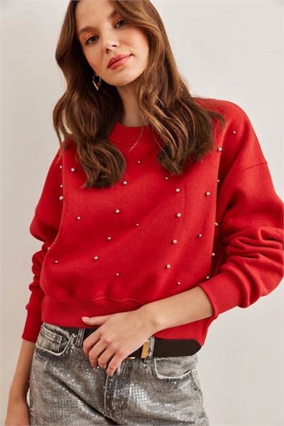İnci Detaylı Şardonlu Crop 3 İp Sweatshirt