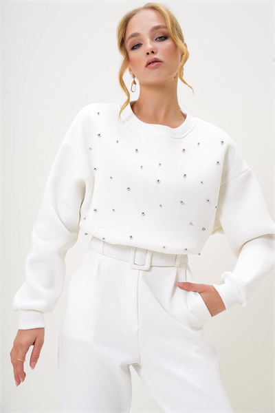 İnci Detaylı Şardonlu Crop 3 İp Sweatshirt