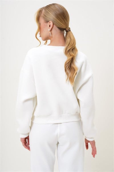 İnci Detaylı Şardonlu Crop 3 İp Sweatshirt