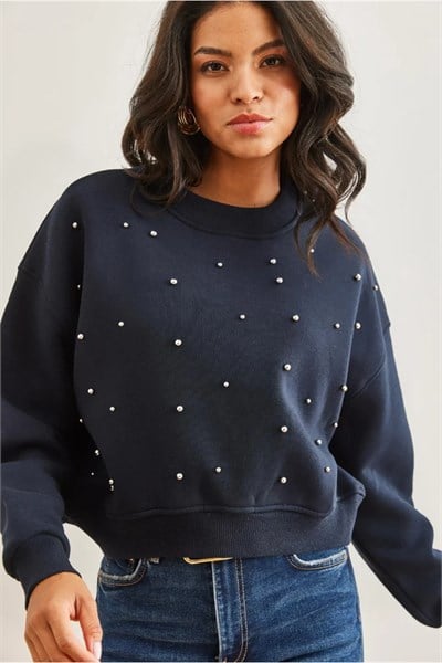 İnci Detaylı Şardonlu Crop 3 İp Sweatshirt