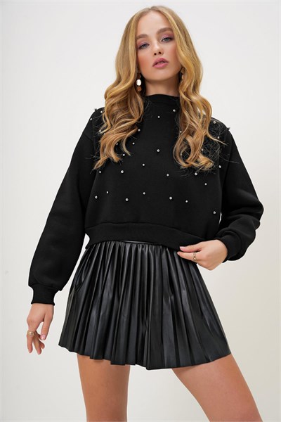 İnci Detaylı Şardonlu Crop 3 İp Sweatshirt