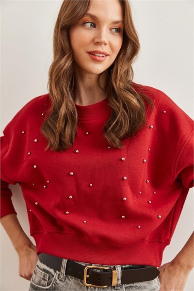 İnci Detaylı Şardonlu Crop 3 İp Sweatshirt