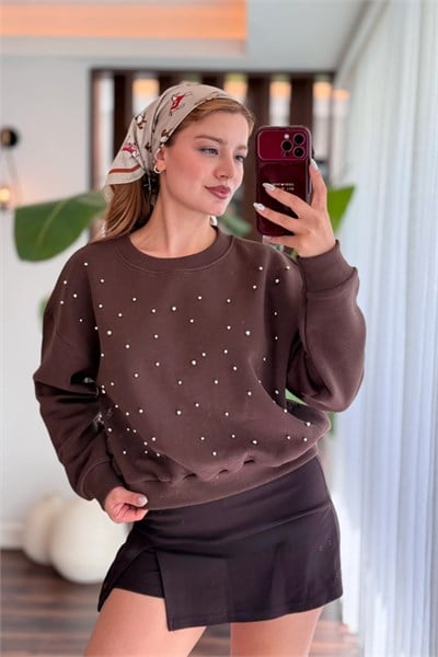 İnci Detaylı Şardonlu Crop 3 İp Sweatshirt