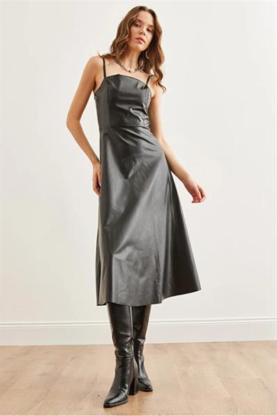 İp Askılı Deri Elbise