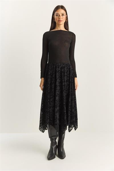 Kadife Çiçek Desenli Astarlı Beli Lastikli Midi Boy Etek