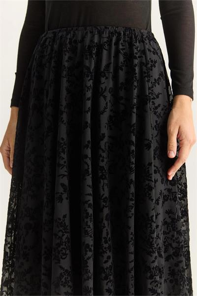Kadife Çiçek Desenli Astarlı Beli Lastikli Midi Boy Etek