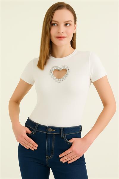 Kalp Dekolteli Taşlı Modal Crop Bluz