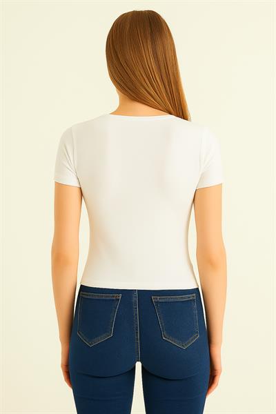 Kalp Dekolteli Taşlı Modal Crop Bluz