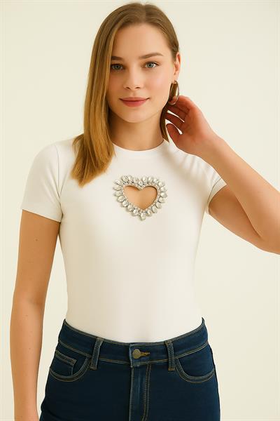 Kalp Dekolteli Taşlı Modal Crop Bluz