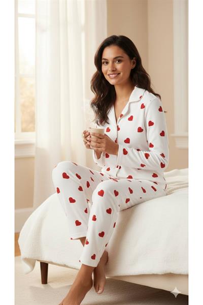 Kalp Desenli Süet Pijama Takımı