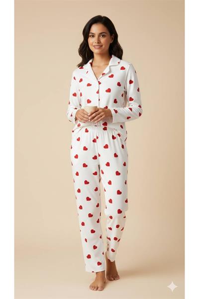 Kalp Desenli Süet Pijama Takımı