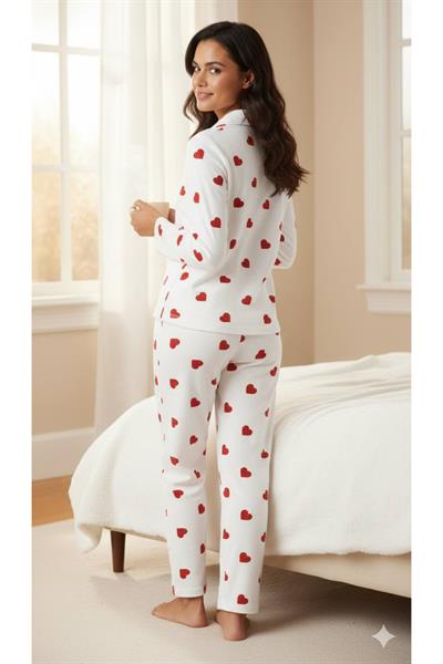 Kalp Desenli Süet Pijama Takımı