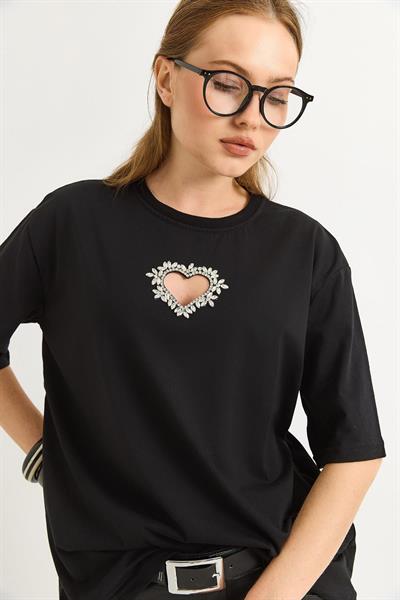 Kalp Detaylı Oversize Kadın Tshirt