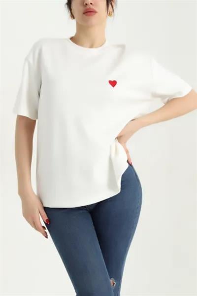 Kalp Nakışlı Modal Tshirt