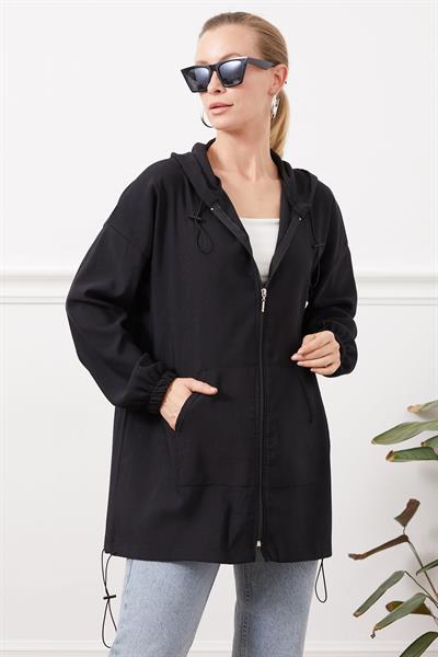 Kapüşonlu Çift Cepli Fermuarlı Kap