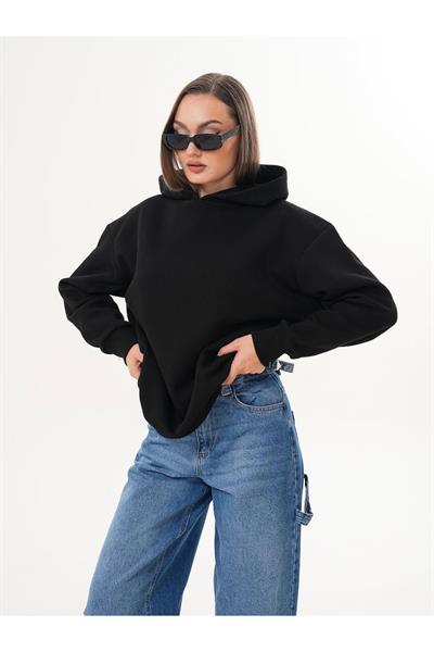 Kapüşonlu Düz Basic Sweatshirt