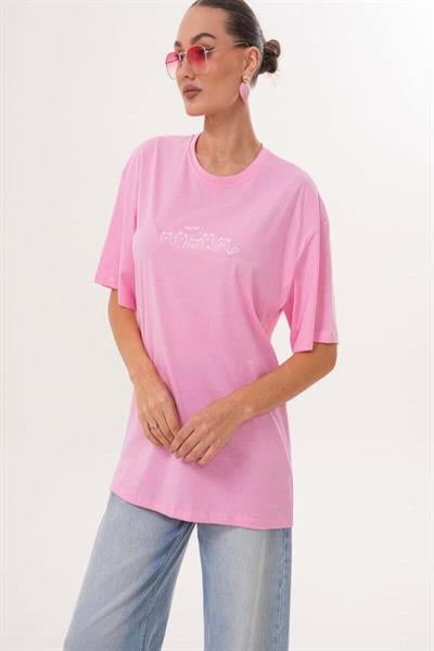 Kedi Nakış İşlemeli Oversize Tshirt