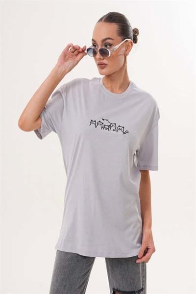 Kedi Nakış İşlemeli Oversize Tshirt