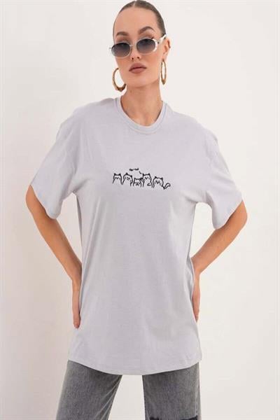 Kedi Nakış İşlemeli Oversize Tshirt