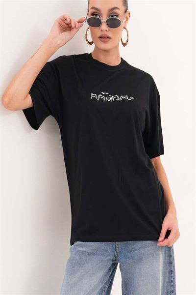 Kedi Nakış İşlemeli Oversize Tshirt