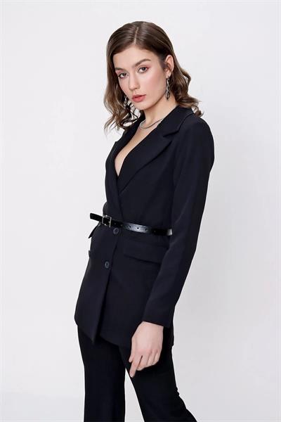 Kemer Detaylı Düğmeli Kruvaze Blazer Ceket