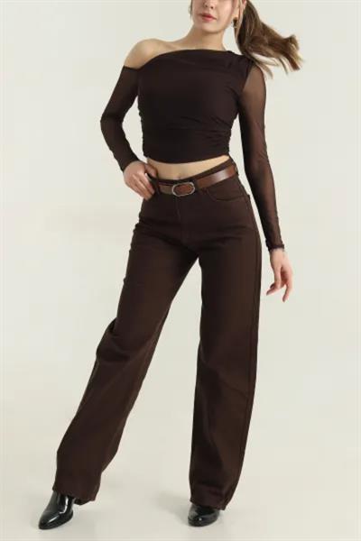 Kemerli Boru Paça Likralı Pantolon