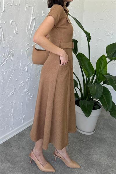 Kemerli Boydan Düğmeli Kısa Kol Elbise