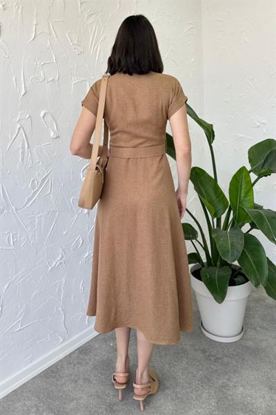 Kemerli Boydan Düğmeli Kısa Kol Elbise