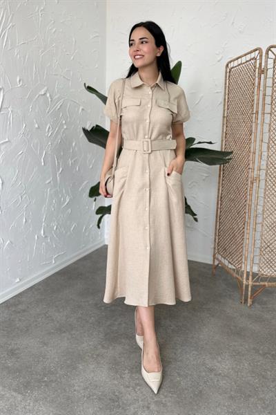 Kemerli Boydan Düğmeli Kısa Kol Elbise