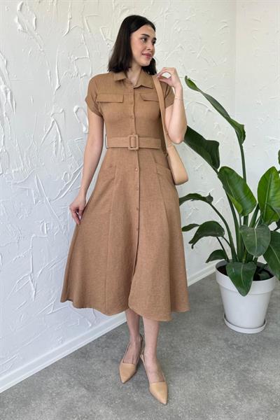 Kemerli Boydan Düğmeli Kısa Kol Elbise
