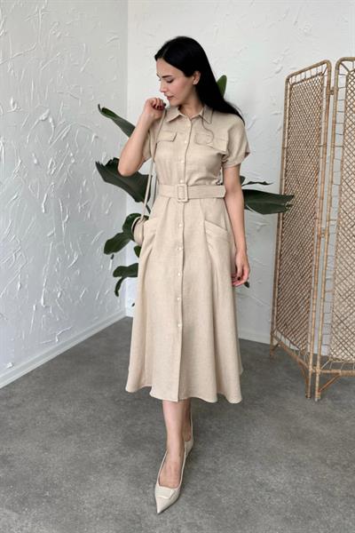 Kemerli Boydan Düğmeli Kısa Kol Elbise