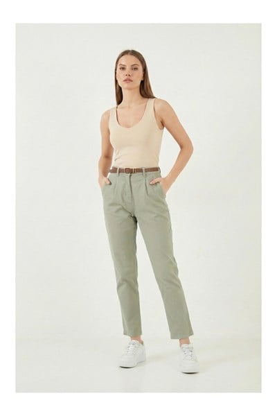 Kemerli Dar Paça Gabardin Pantolon