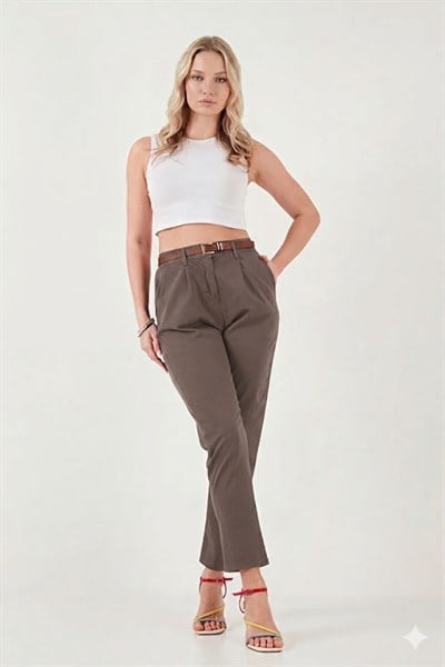 Kemerli Dar Paça Gabardin Pantolon