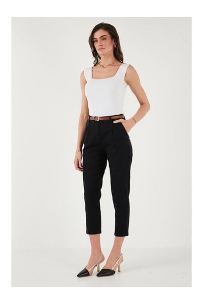 Kemerli Dar Paça Gabardin Pantolon
