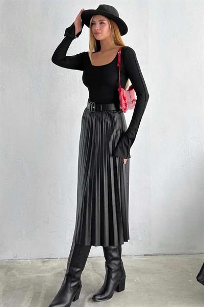 Kemerli Piliseli Deri Etek