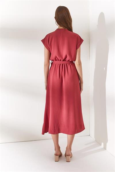 Kemerli Yırtmaçlı Elbise