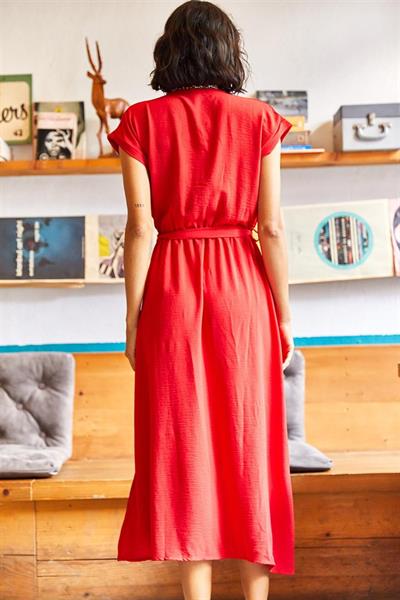 Kemerli Yırtmaçlı Elbise