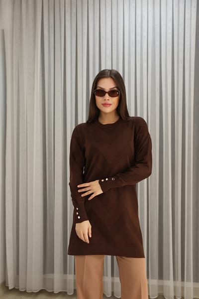 KENDİNDEN DESENLİ KOLU DÜĞMELİ TUNİK