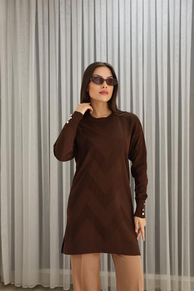 KENDİNDEN DESENLİ KOLU DÜĞMELİ TUNİK