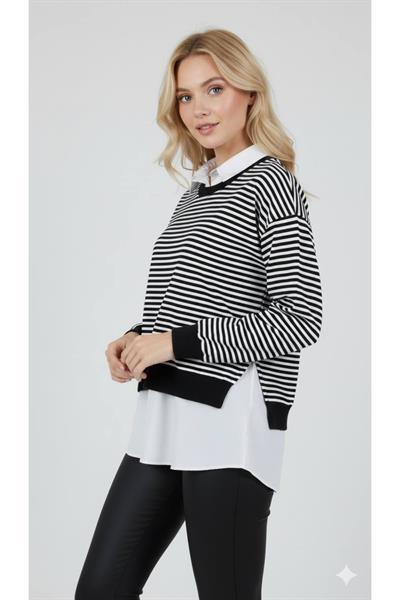 Kendinden Gömlekli Çizgili Sweat