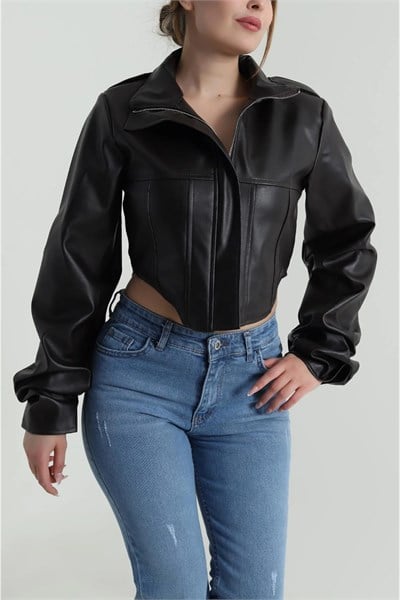 Korse Detaylı Drape Kollu Crop Suni Deri Ceket