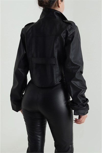Korse Detaylı Drape Kollu Crop Suni Deri Ceket