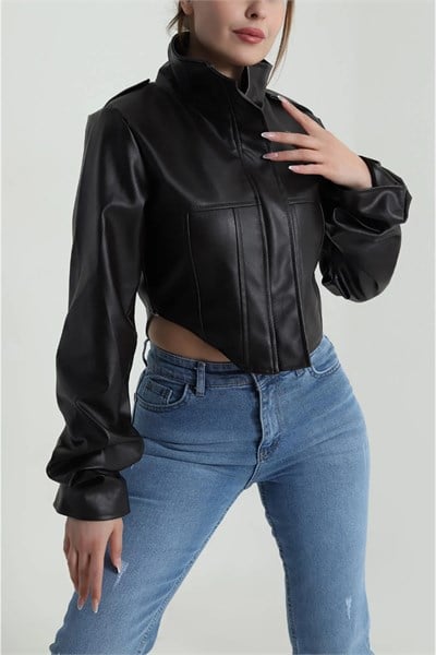 Korse Detaylı Drape Kollu Crop Suni Deri Ceket