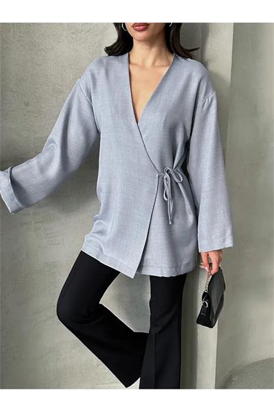 Kruvaze Yaka Bağlamalı Kimono