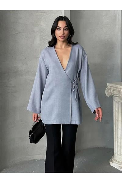 Kruvaze Yaka Bağlamalı Kimono