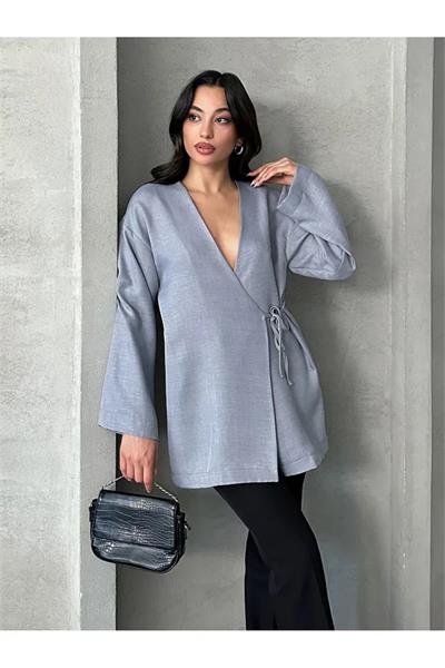 Kruvaze Yaka Bağlamalı Kimono